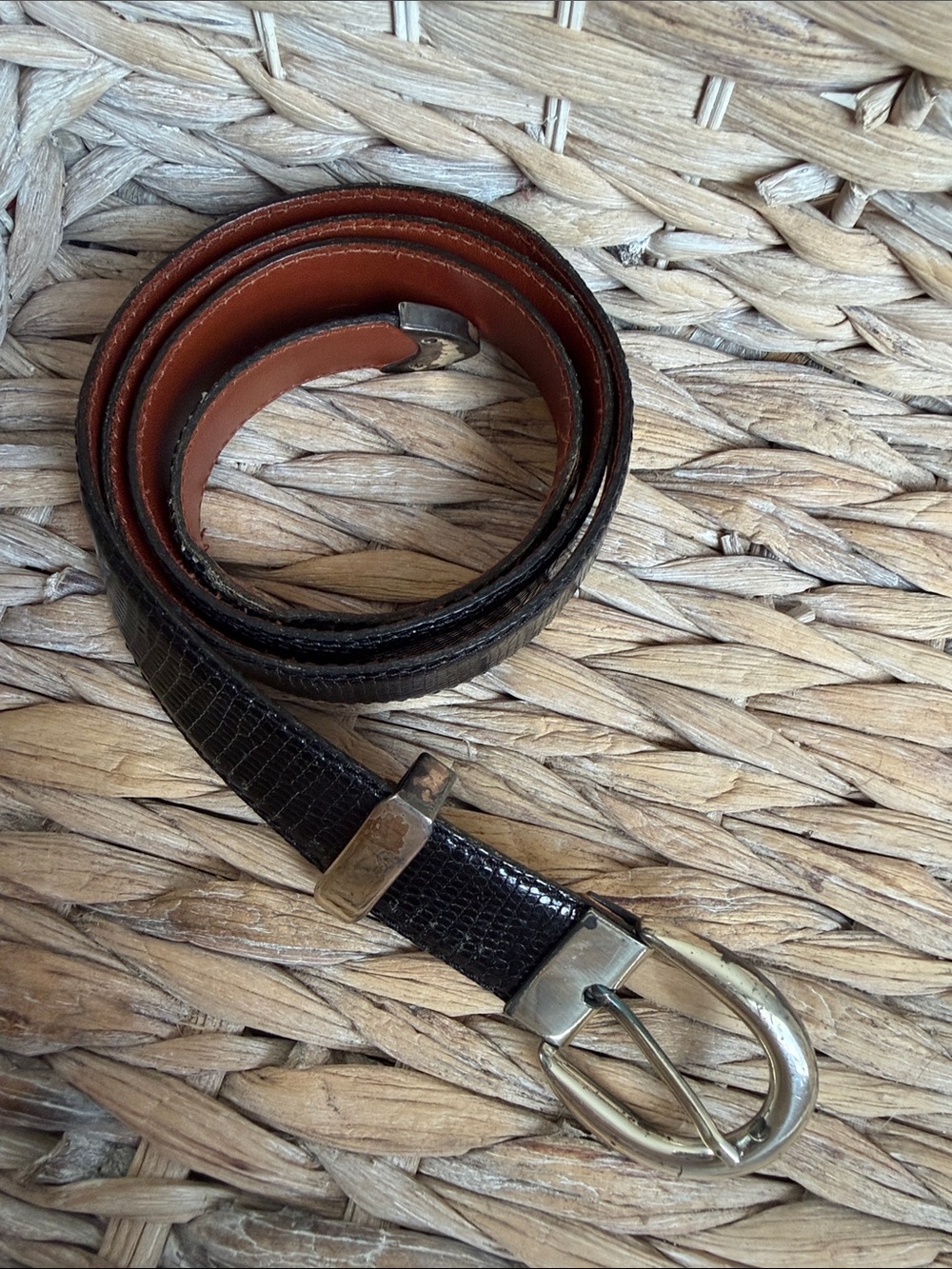 Men's Black Textured Genuine Lizard Belt with Silver Buckle